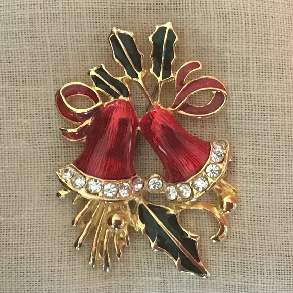 Large Vintage Holiday Pin Enamel & Rhinestone Bells Festive Gold Tone Red & Gree - Picture 11 of 11